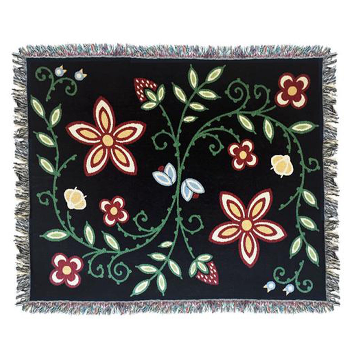 Product photo of Woodlands throw blanket in black, design shows- strawberries, wild rice, blueberries, and a green vine connecting all the plants